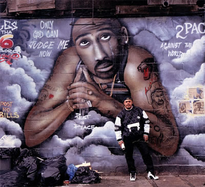 Chico, graffiti muralist of the Lower East Side, Manhattan with his comment regarding the murder of rapper Tupac Shakur